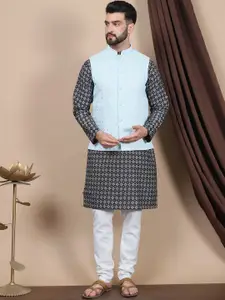 Anouk Floral Printed Regular Straight Kurta With Churidar & Nehru Jacket