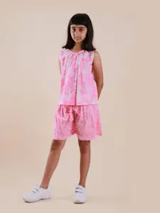Sangria Girls Floral Printed Pure Cotton Top With Shorts