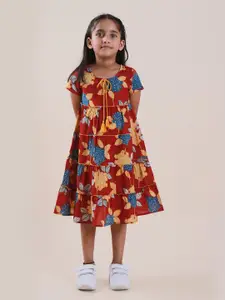 Sangria Girls Floral Printed Pure Cotton A-Line Tie-Ups Dress