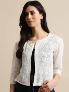UnaOne Women Self Design Embroidered Open Front Cotton Shrug