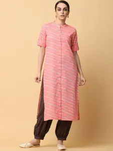 all about you Leheriya Printed Mandarin Collar Roll-Up Sleeves Straight Cotton Kurta