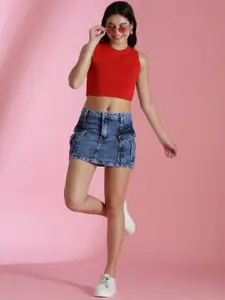 Belliskey Women Solid Blue Straight Fit Denim Mini Skirt