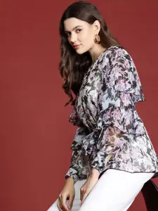 all about you Floral Print Puff Sleeves Ruffles Peplum Top
