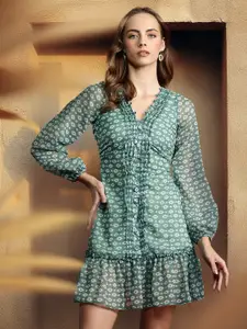 all about you Geometric Print Puff Sleeve Fit & Flare Dress