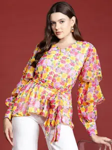 all about you Floral Print Puff Sleeves Georgette Peplum Top