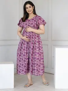 Nayo Floral Print Flutter Sleeve Maternity Flared Dress