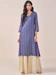Global Desi Geometric Printed V-Neck A-Line Kurta