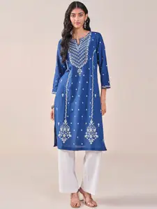 Global Desi Floral Embroidered Notched Neck Straight Kurta