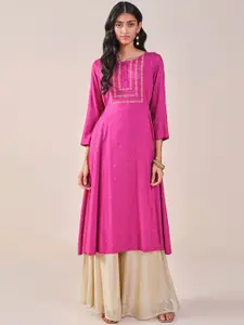 Global Desi Floral Printed Round Neck A-Line Kurta