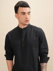 HIGHLANDER Men Solid Mandarin Collar Half Placket Roll-Up Sleeve Casual Shirt