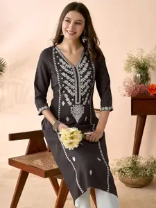 Anouk Floral Embroidered V-Neck Thread Work Straight Kurta
