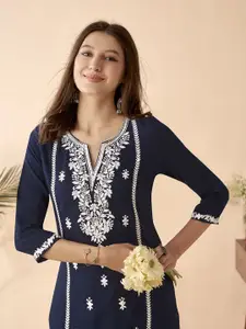 Anouk Navy Blue Ethnic Motifs Embroidered Notch Neck Straight Kurta