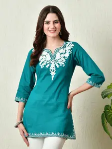 KALINI Floral Embroidered V-Neck Thread Work Pure Cotton Thread Work Kurti