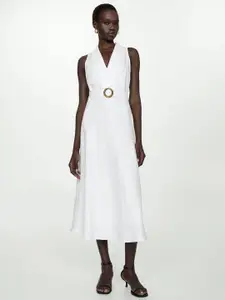 MANGO Linen A-Line Midi Dress with Belt