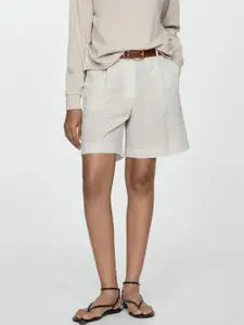 MANGO Women Striped Textured Pure Cotton Bermuda Shorts
