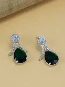 PRIVIU Rhodium Plated American Diamond Studded Emerald Teardrop Shaped Drop Earrings