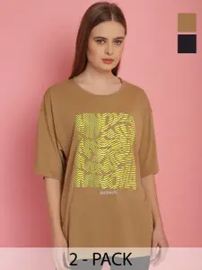MACK JONNEY Women Pack Of 2 Printed Drop-Shoulder Sleeves Oversized T-shirts
