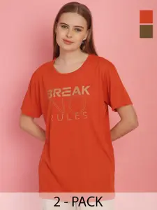 MACK JONNEY Women Pack Of 2 Typography Printed Drop-Shoulder Sleeves Oversized T-shirts