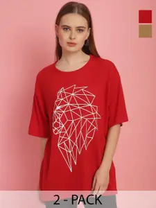 MACK JONNEY Women Pack Of 2 Graphic Printed Drop-Shoulder Sleeves Oversized T-shirts