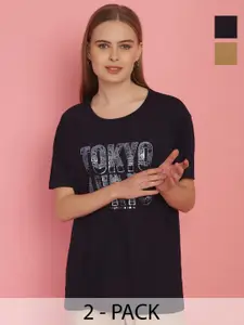 MACK JONNEY Women Pack Of 2 Typography Printed Drop-Shoulder Sleeves Oversized T-shirts