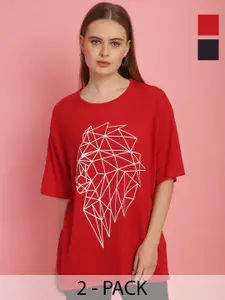 MACK JONNEY Pack Of 2 Women Printed Round Neck Oversized T-shirt