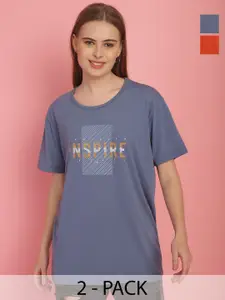 MACK JONNEY Pack Of 2 Women Typography Printed Round Neck Oversized T-shirt