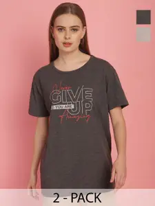 MACK JONNEY Pack Of 2 Women Typography Printed Round Neck Oversized Cotton T-shirt