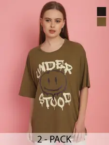 MACK JONNEY Pack Of 2 Women Typography Printed Round Neck Oversized T-shirt