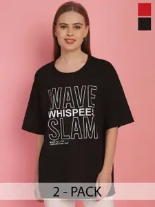 MACK JONNEY Women 2 Printed Drop-Shoulder Sleeves Applique T-shirt