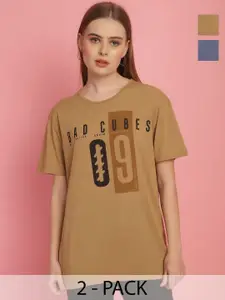 MACK JONNEY Women Pack Of 2 Typography Printed Drop-Shoulder Sleeves Oversized T-shirts