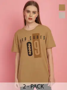 MACK JONNEY Women Pack Of 2 Printed Drop-Shoulder Sleeves Oversized T-shirts