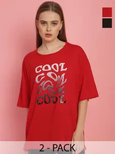 MACK JONNEY Women Pack Of 2 Typography Printed Drop-Shoulder Sleeves Oversized T-shirts