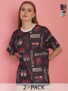 MACK JONNEY Women Pack Of 2 Conversational Printed Drop-Shoulder Sleeves T-shirts