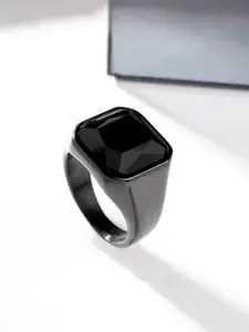 Yellow Chimes Men Rhodium-Plated Stone Studded Square Shaped Steel Finger Ring