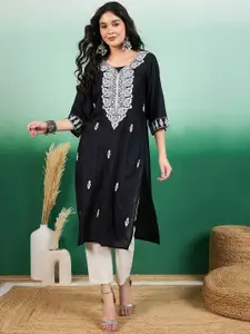 Sangria Black & White Ethnic Motifs Embroidered Chikankari  Straight Kurta