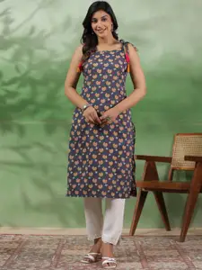 Sangria Grey & Red Ethnic Motif Printed Shoulder Straps Cotton Straight Kurtas