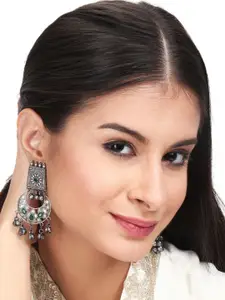 Anvik Silver Plated Stone Studded & Beaded Contemporary Oxidised Chandbalis