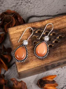 Anvik Silver Plated Stone Studded Contemporary Oxidised Drop Earrings