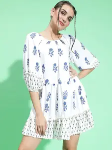 Oxolloxo Floral Print Puff Sleeve A-Line Mini Dress