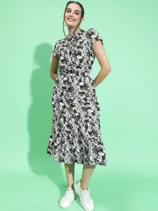 Oxolloxo Printed Mandarin Collar Shirt Midi Dress