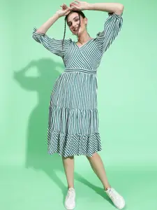 Oxolloxo Striped Puff Sleeve Fit & Flare Midi Dress