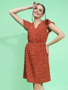 Oxolloxo Polka Printed V-Neck Short Cup Sleeves Elasticated Above Knee Length Dress