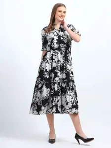 NKSA FASHION Floral Print Mandarin Collar Fit and Flare Midi Dress