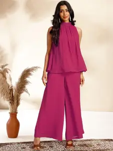 Janasya Self-Design High Neck Dobby Gathered Top & Palazzos