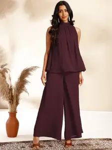 Janasya Self-Design High Neck Dobby Gathered Top & Palazzos