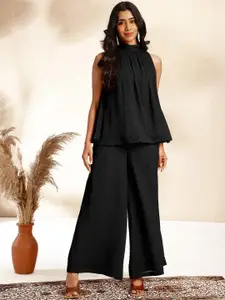 Janasya Self-Design High Neck Dobby Gathered Top & Palazzos