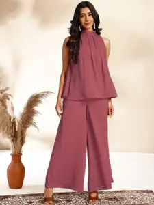 Janasya Self-Design High Neck Dobby Gathered Top & Palazzos