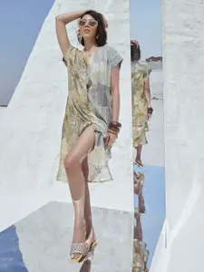 Zaccai Women's Olive Cotton Linen Floral Shirt Dress.