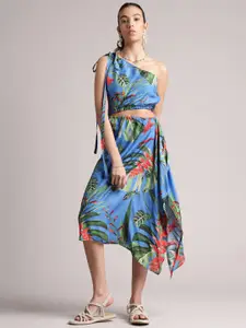 Zaccai Women's Muslin Tropical Printed One Shoulder side cut Midi Dress