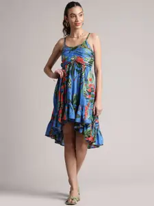 Zaccai Women's Blue Muslin Tropical Printed High Low Dress